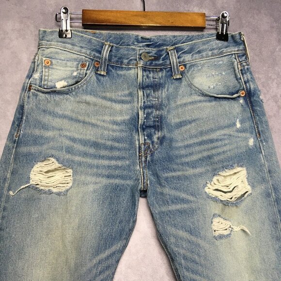 Levis Men 501 Original Fit Blue Jeans size 30x32 Distressed Destroyed Light Wash - Picture 4 of 16